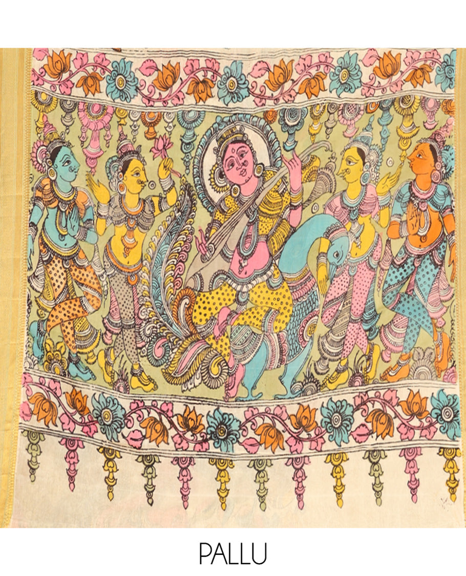 Cream Kalamkari Silk Saree, Beautifully Bedecked with Ancient Human Figurines, a Contrast Traditional Border, Pallu of Ancient Human Motifs, and a Contrast Blouse