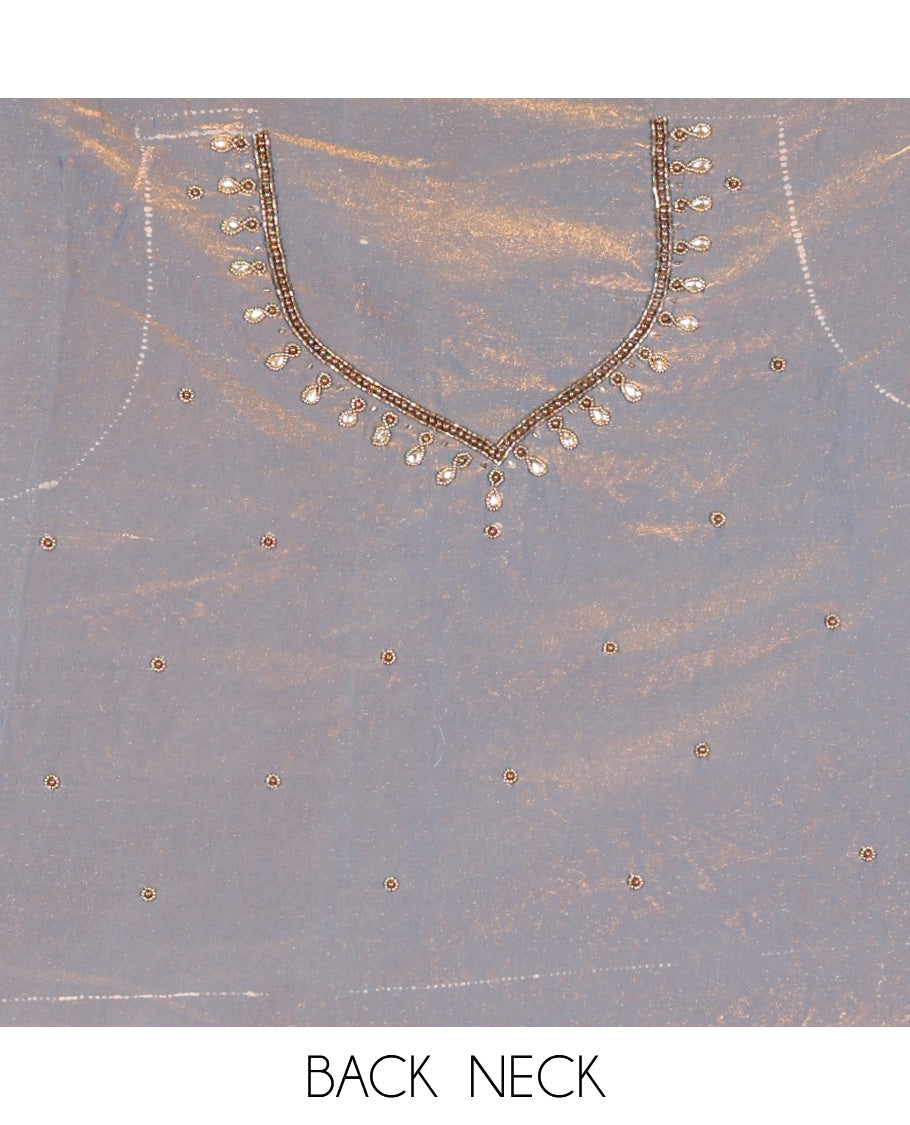 Steel Blue Fendi Organza Half-Saree, Plain Skirt, Matching Embroidered Blouse, Matching Scallop Dhavani