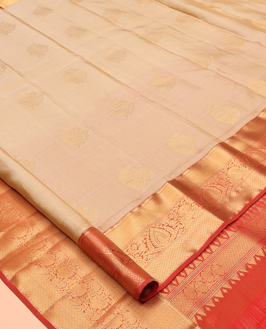 Sandal Vasundhara Lite Silk Mix Saree, Sparsely Woven with Zari Buttas, a Contrast Traditional Zari Border, Grandly Decked Up Pallu, and a Contrast Blouse