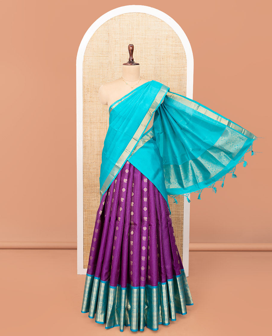 Purple Pure Silk Half-Saree, Masterfully Woven with Mayil-Chakram Buttas and Micro-Checks on Its Skirt, Complemented by a Contrast Border of Rekku, Chakram, and Yaanai Designs, Comes with a Contrast Blouse and a Dhavani of Intricate Designs