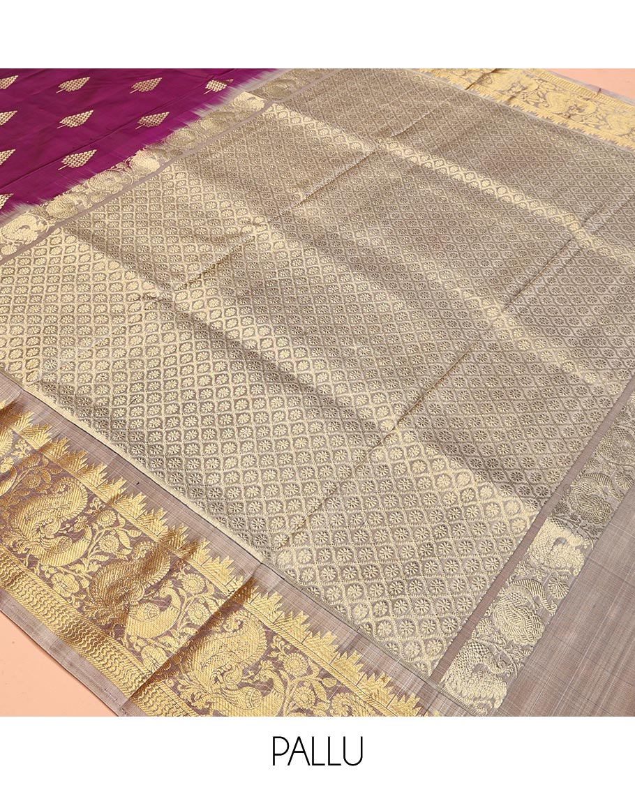 Purple Zari Buttas Venkatagiri Silk Saree, a Contrast Temple Peacock Border, Jaal Pallu, a Contrast Blouse