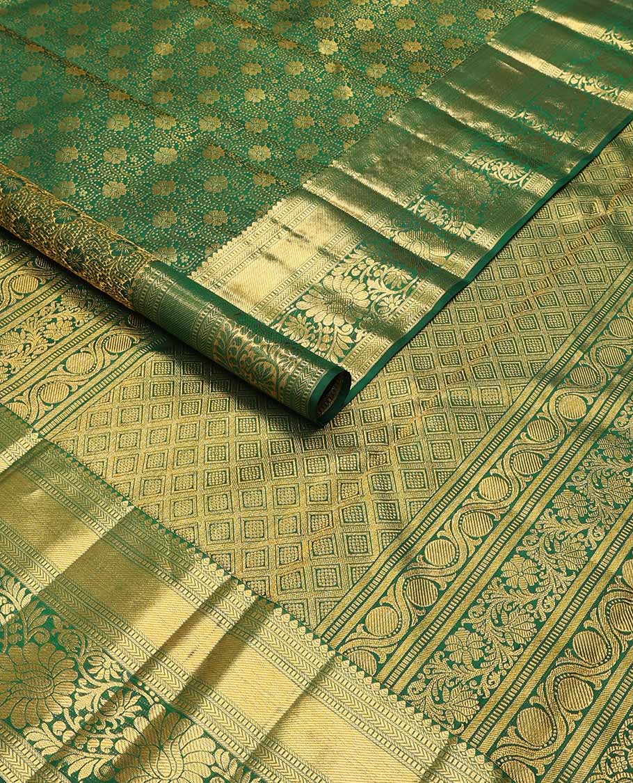 Green floral design silk saree with self border of thilakam mokku, banaras, kathir, kosi visiry design & zari design pallu