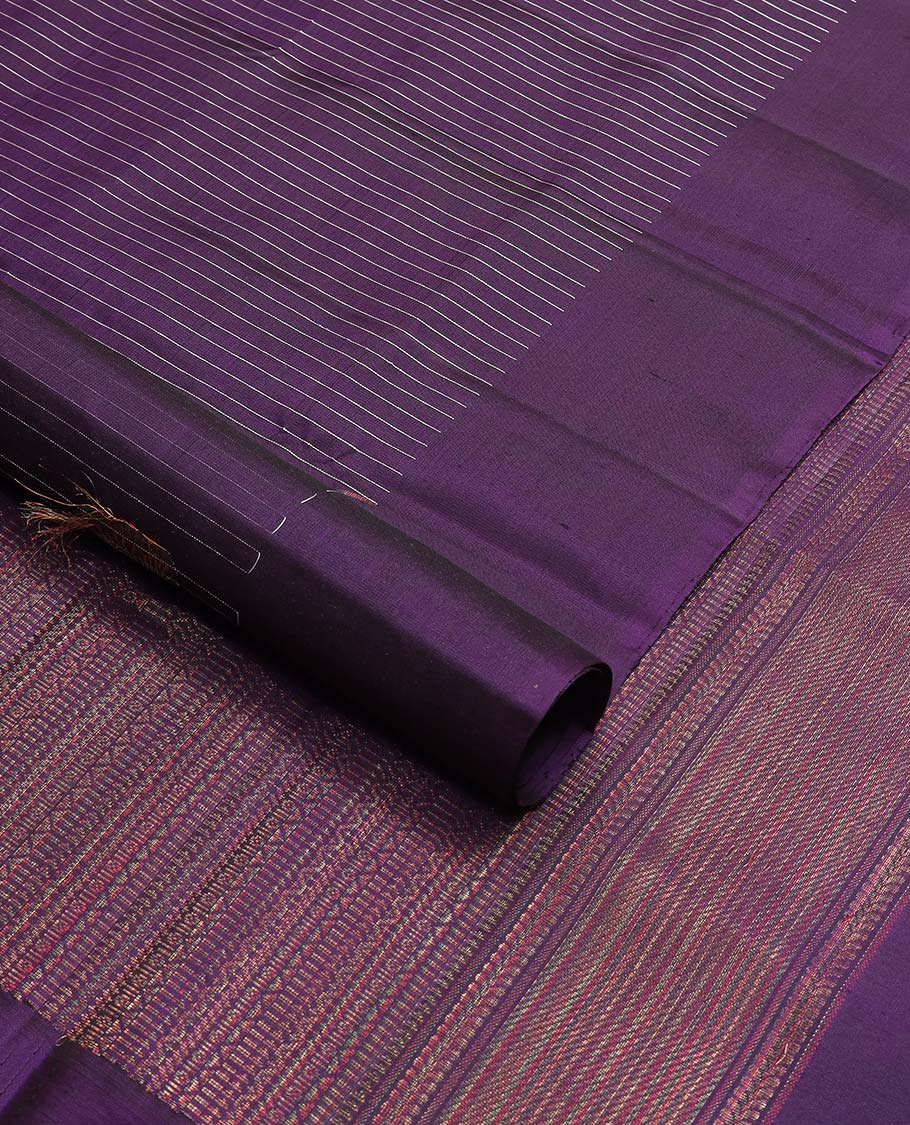 Violet striped, motifs mayuri soft silk saree with self floral design border & striped pallu