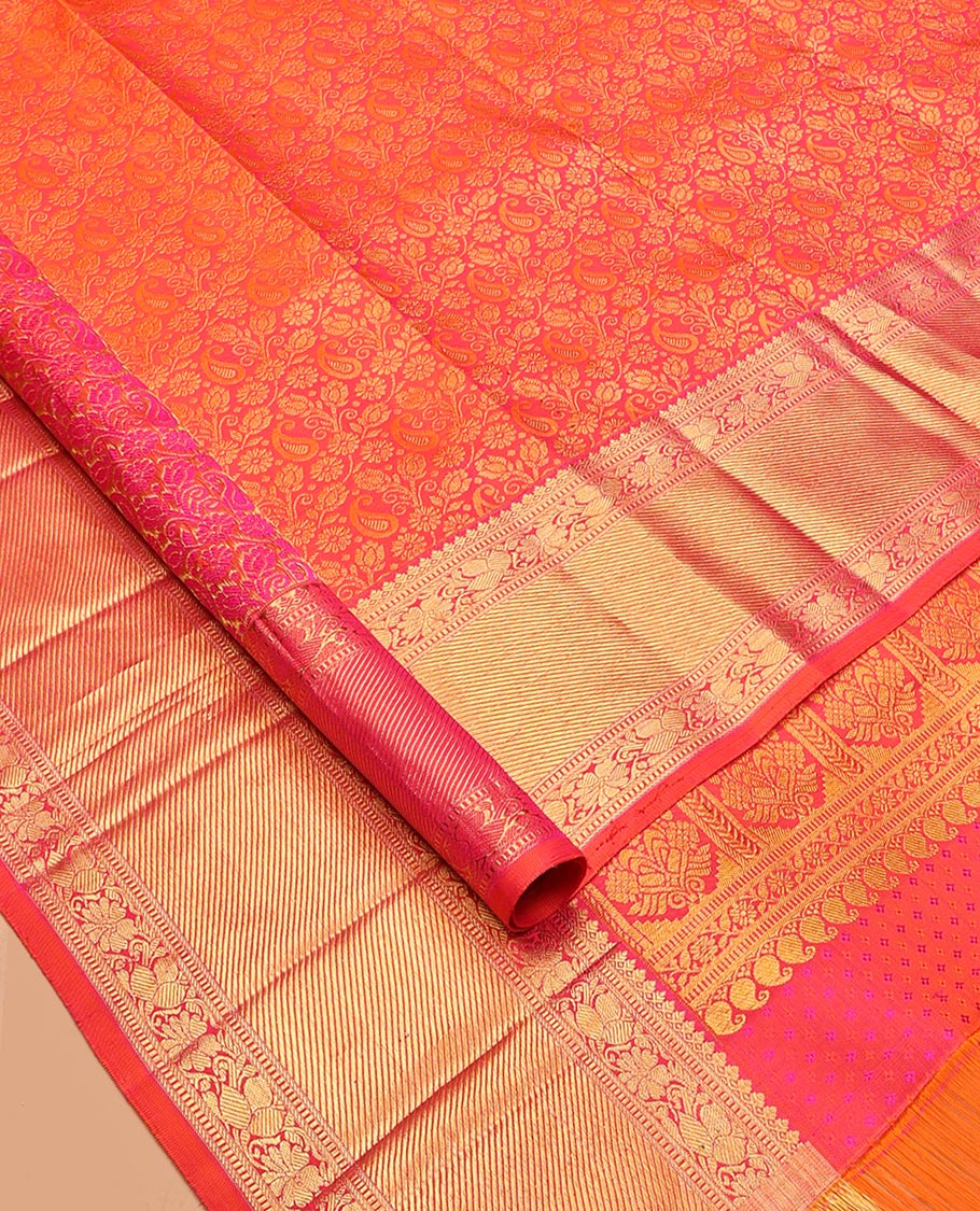 Orange Kanchipuram Wedding Silk Saree, Woven with Jacquard Design, Zari Border of Thilakam Mokku, Muthu, and Kodi Visiry Designs, Jaal Pallu, and a Matching Blouse