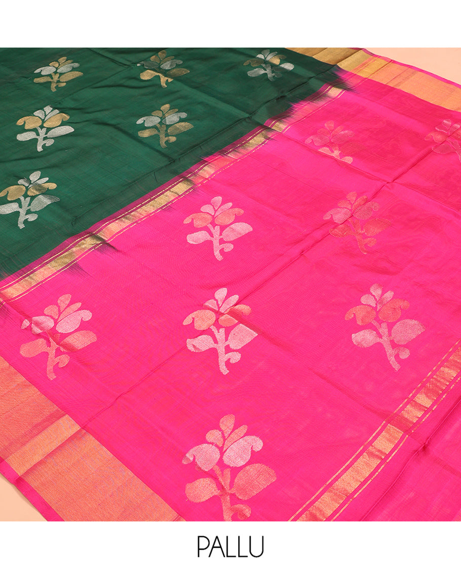 Green Uppada Silk Saree, Accentuated with Floral Vine Zari Buttas, Complemented By Contrast Bavanji Border, Pallu of Floral Buttas and a Contrast Blouse