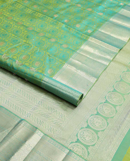 Green elephant, floral design kancheepuram silk saree with self intricate zari design border & geometric design pallu