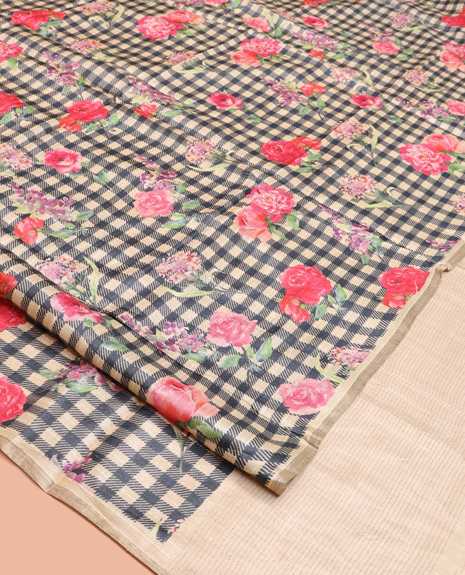 Black and Sandal Tussar Silk Saree, Mesmerized with Burberry-Style Checks and Floral Print on Its Body, a Subtle Border, Subtly Striped Pallu, and Paired with a Matching Blouse