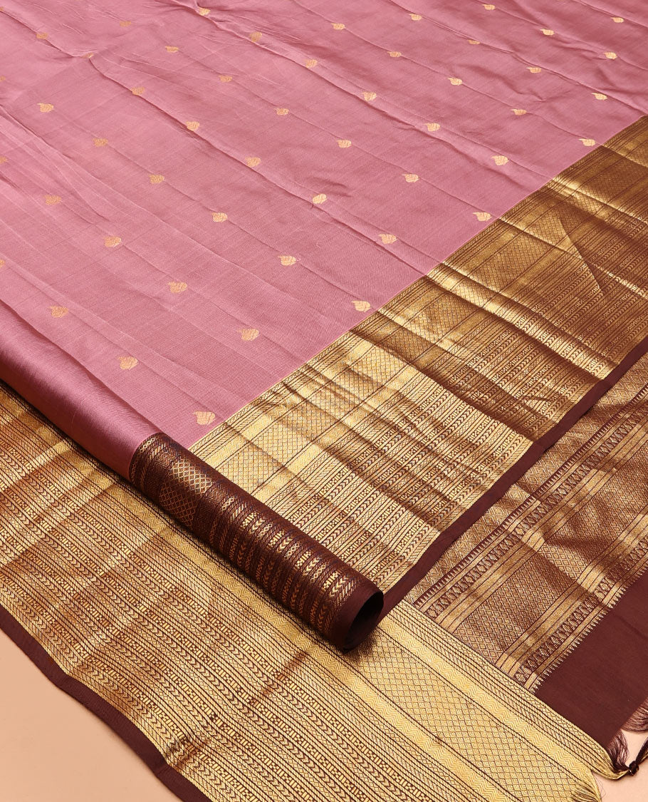 Grey-Brown Zari Buttas Vasundhara Lite Silk Mix Saree, Contrast Geometric Zari Border, Jaal Pallu, a Contrast Blouse