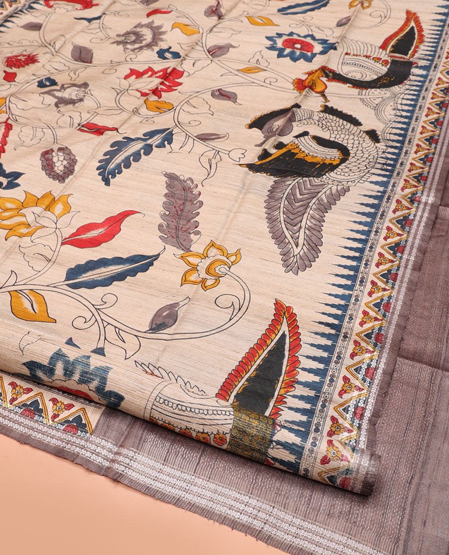 Cream Tussar Silk Saree, Beautifully Bedecked with Floral-Bird Print, Highlighted by Temple-Printed Border, Contrast Pallu, and a Printed Blouse
