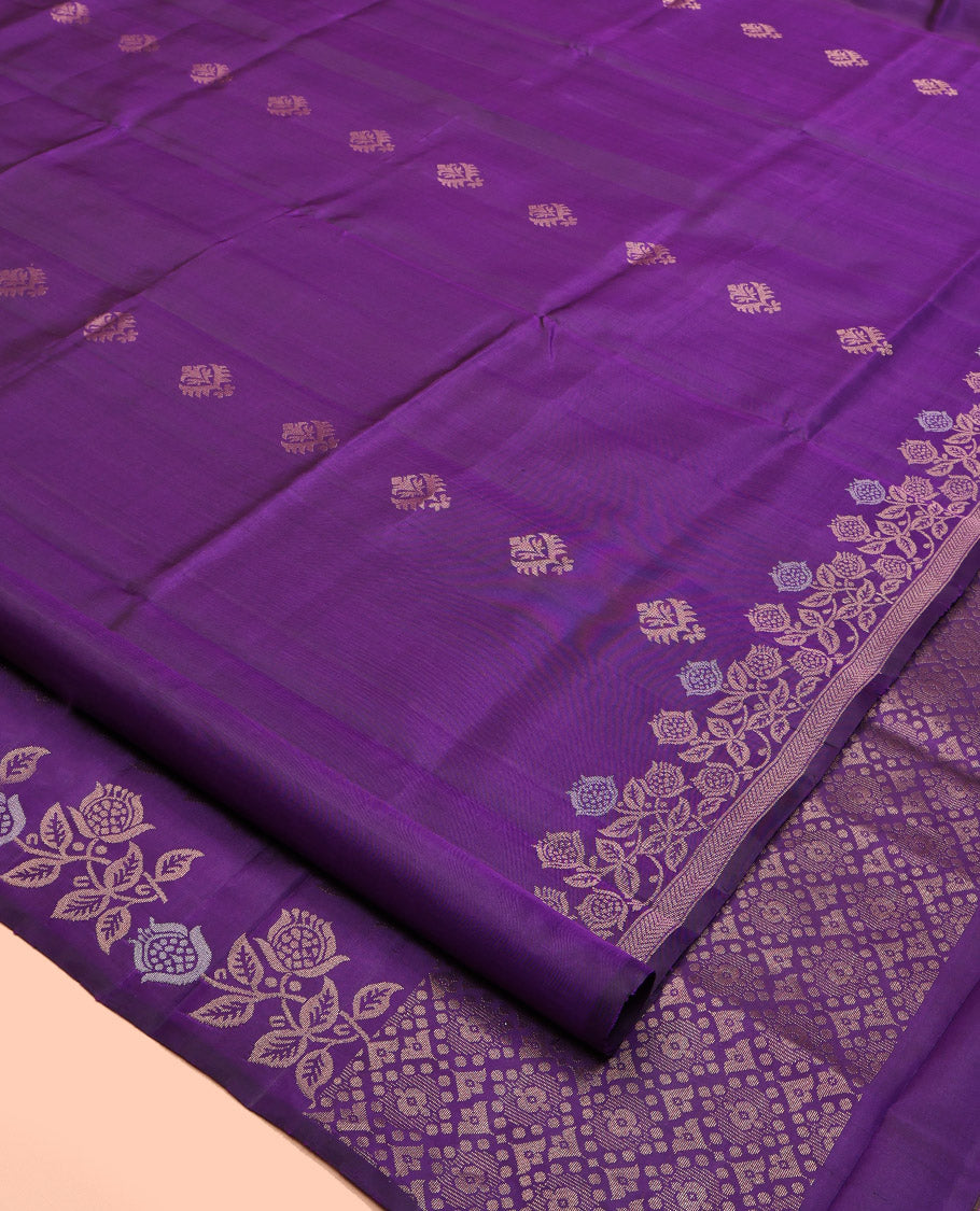 Violet Mayuri Soft Silk Saree, Accentuated with Zari Buttas, Self-Border of Floral Creeper Design, Intricately Designed Pallu, and Matching Blouse