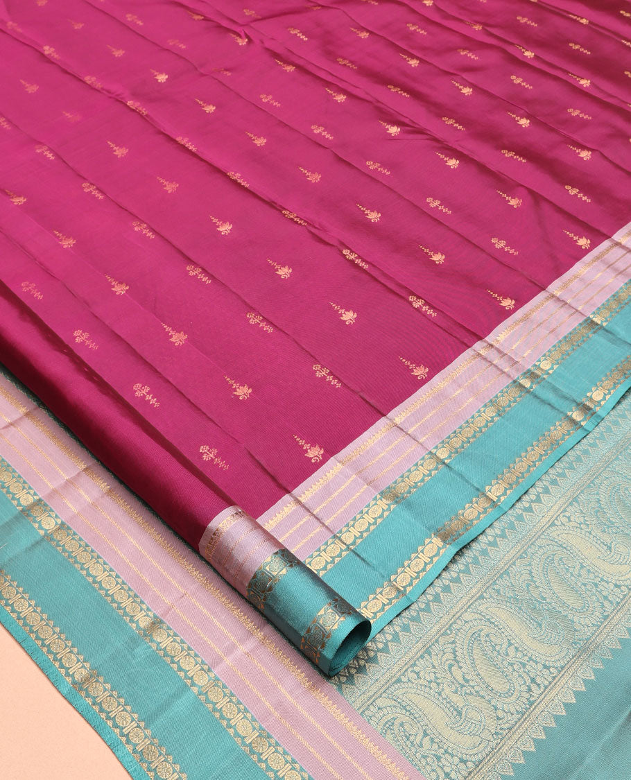Purple Vasundhara Lite Silk Mix Saree, Elevated with Zari Buttas, a Contrast Border of Thilakam Mokku, Banaras, Rekku, and Rudraksham Design, Grand Pallu, and a Contrast Blouse