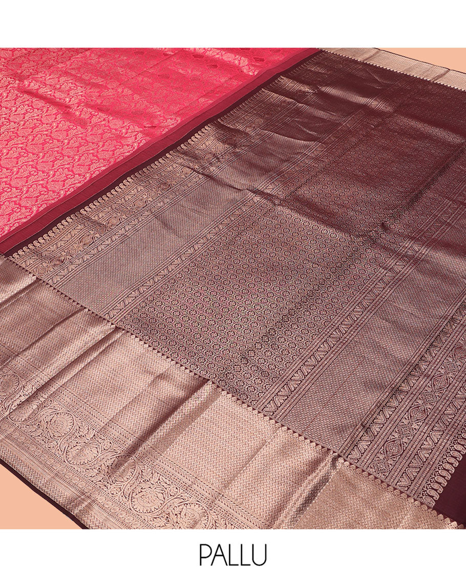 Pink Kanchipuram Wedding Silk Saree, Graced with Jacquard Design, a Contrast Border of Thilakam Mokku, Vanki, Kathir, Neli, and Kodi Visiry Designs, Grand Pallu, and a Contrast Blouse