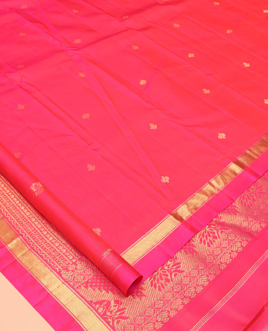 Pink Vasundhara Silk Saree, Subtly Sparkled with Zari Buttas, a Kal Eragina Border of Muthu Designs, Geometric Patterned Pallu, and a Matching Blouse