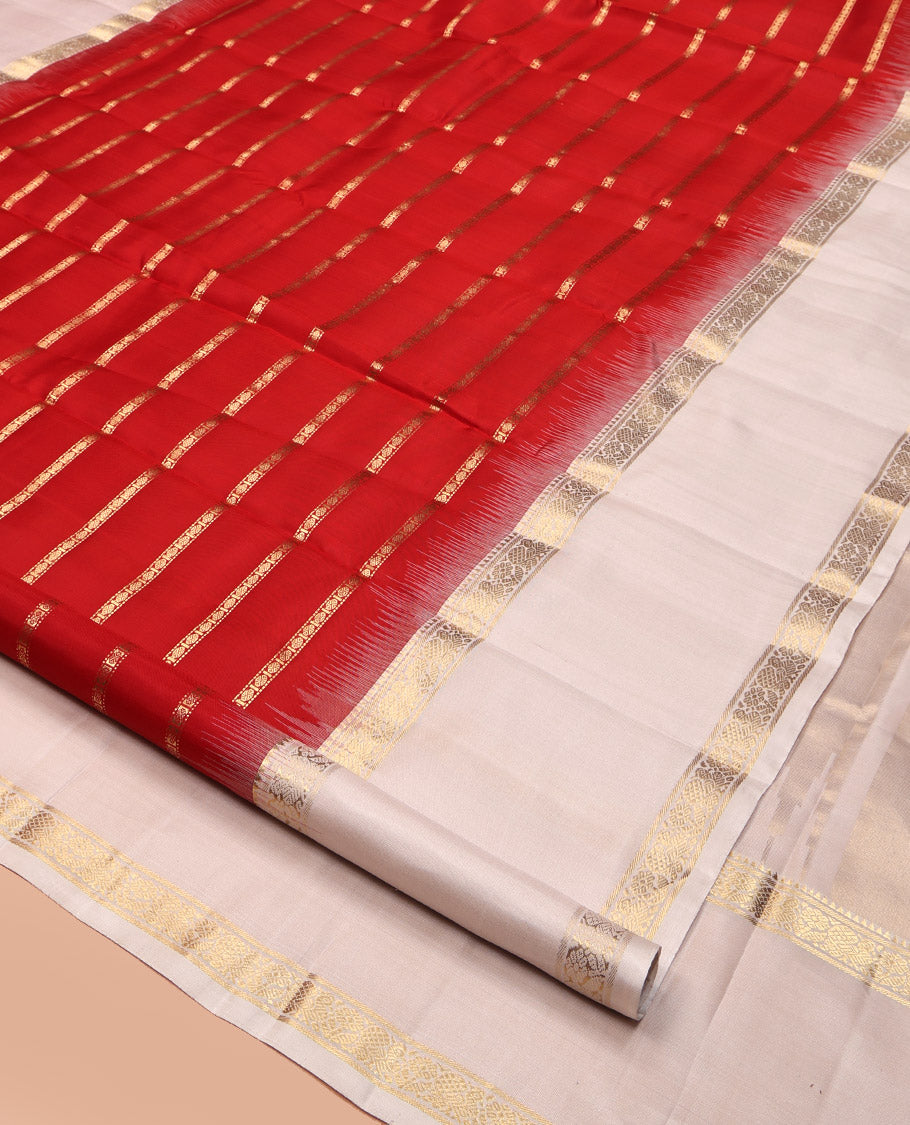 Red Kanchipuram Silk Saree, Adorned with Rudraksham Designs, Complemented by a Contrast Rettai Pettu Border of Mayil Design, Seppu Rekku Pallu, and a Contrast Blouse