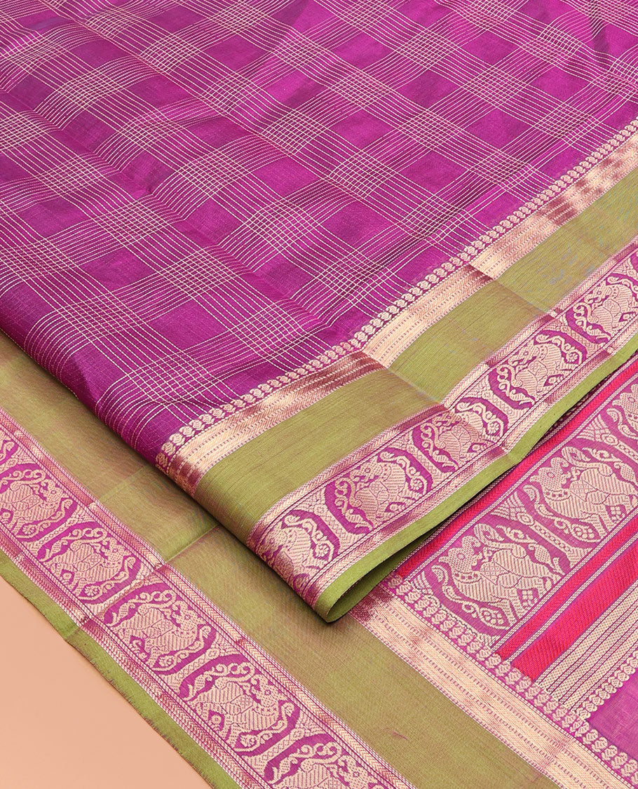 Purple Checked Kuppadam Silk Saree, a Contrast Double-Pet Yazhi Border, Grand Pallu, a Matching Blouse