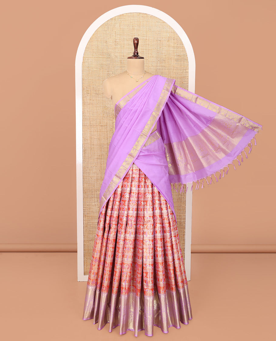 Orange Art Silk Material Half Saree Set, Decked Up with Jacquard Design Skirt, a Contrast Traditional Zari Border of Floral Creeper Designs, Contrast Zari-Jacquard Blouse, and a Dhavani of paisley Designs