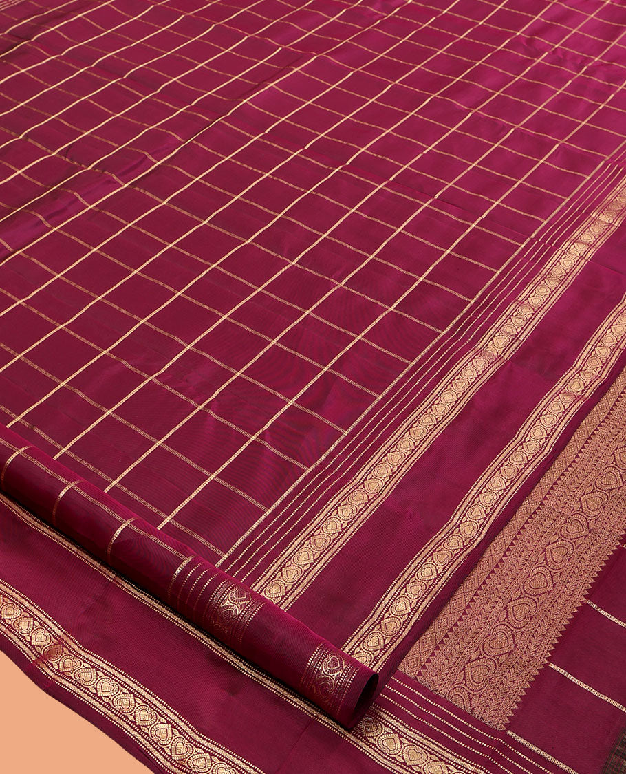 Wine Vasundhara Lite Silk Mix Saree, Elevated with Zari Checks, a Zari Rettai Pettu Border, Grand Jaal Pallu, and a Matching Blouse