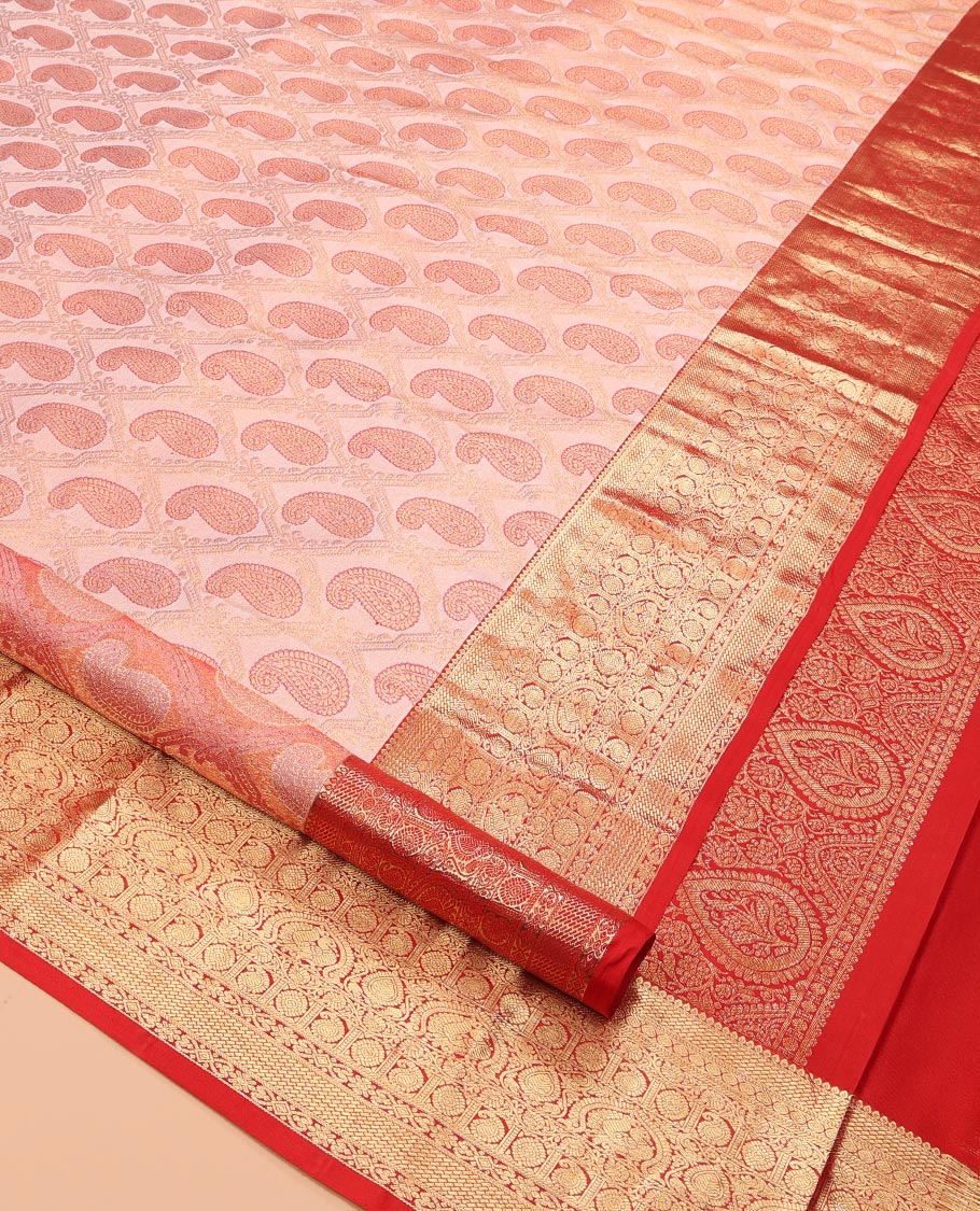 Peach Kanchipuram Wedding Silk Saree, Accentuated with Paisley Jacquard Design, Contrast Border of Thilakam, Kodi Visiry, Laddu Kamalam, and Manga, Jaal Pallu, and a Contrast Blouse