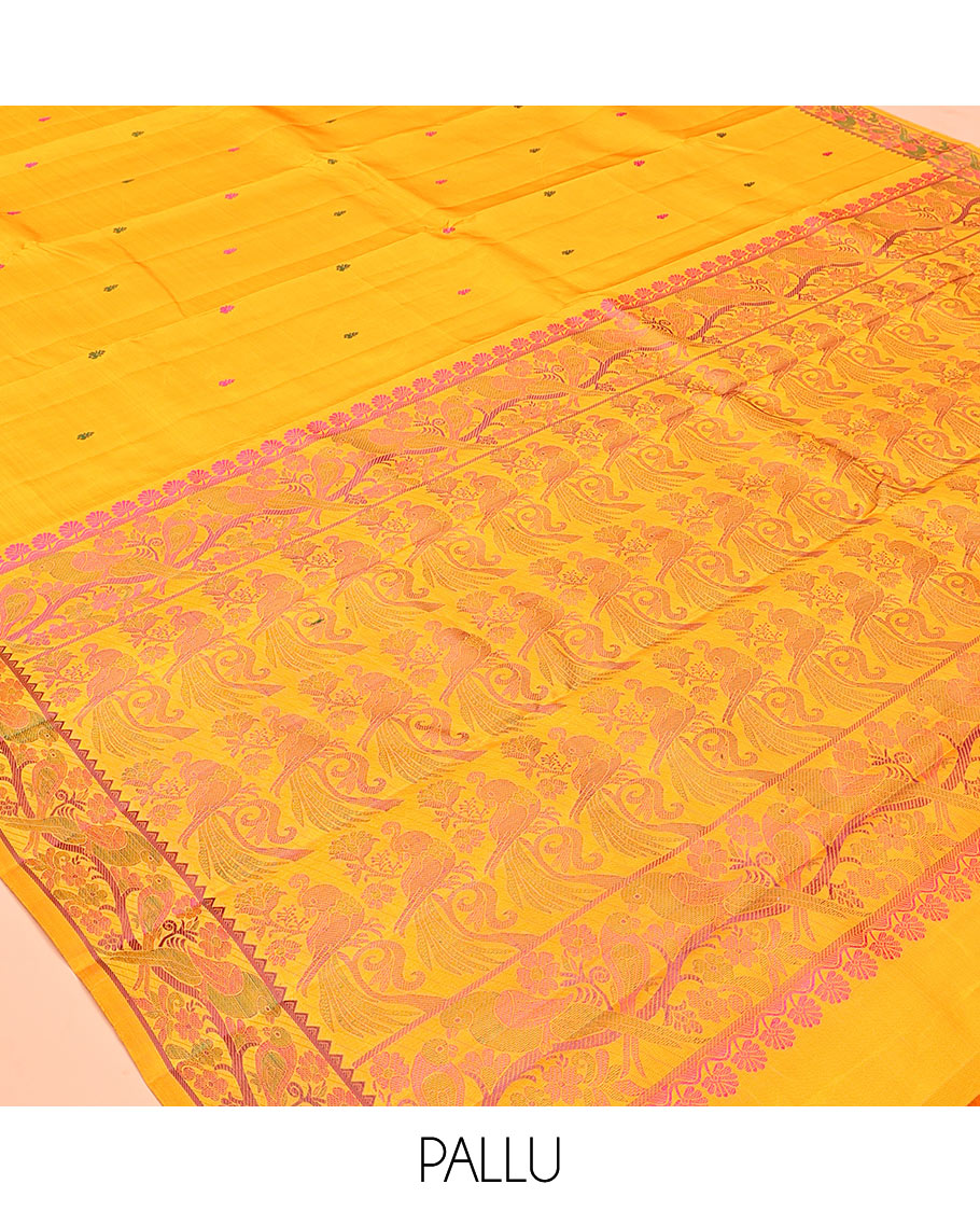 Yellow Buttas Kanchipuram Silk Saree, a Floral-Bird Thread Border, Bird Motif Pallu, Matching Blouse