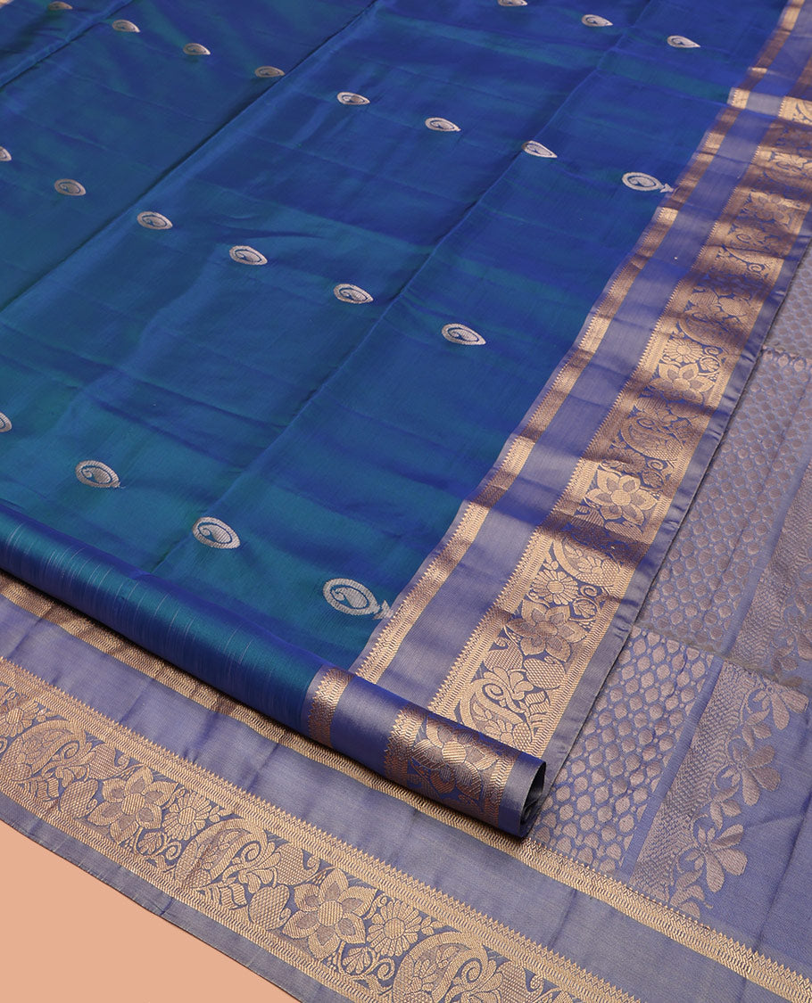 Blue Uppada Silk Saree, Woven with Zari Buttas, Complemented by a Contrast Traditional Zari Border, Grand Pallu, and a Contrast Blouse