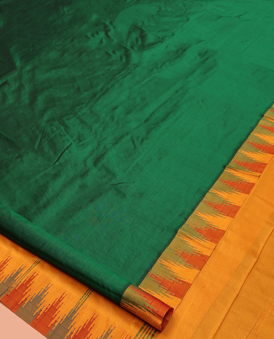 Green Plain Bangalore Silk Saree, Complemented by a Contrast Temple Border, Pallu of Stripes, and a Contrast Blouse