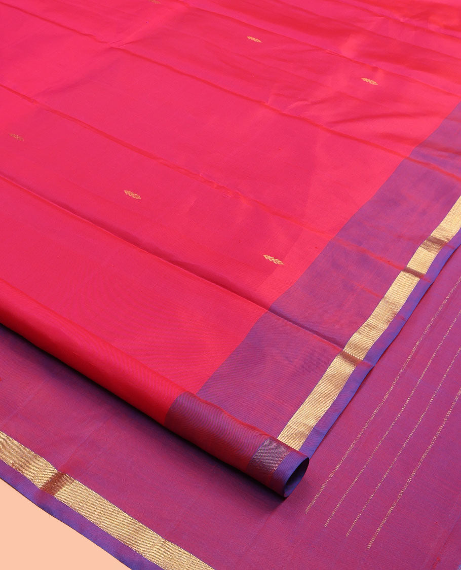 Pink Kanchipuram Silk Saree, Adorned with Buttas, Complemented by a Contrast Zari Striped Border, Pallu of Zari Design, and Contrast Blouse