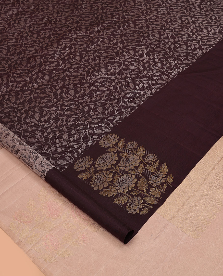 Brown Parampara Silk Saree, Featuring Floral Jaal Jacquard Design, a Zari Border of Floral Designs, Contrast Jaal Pallu, and a Contrast Blouse