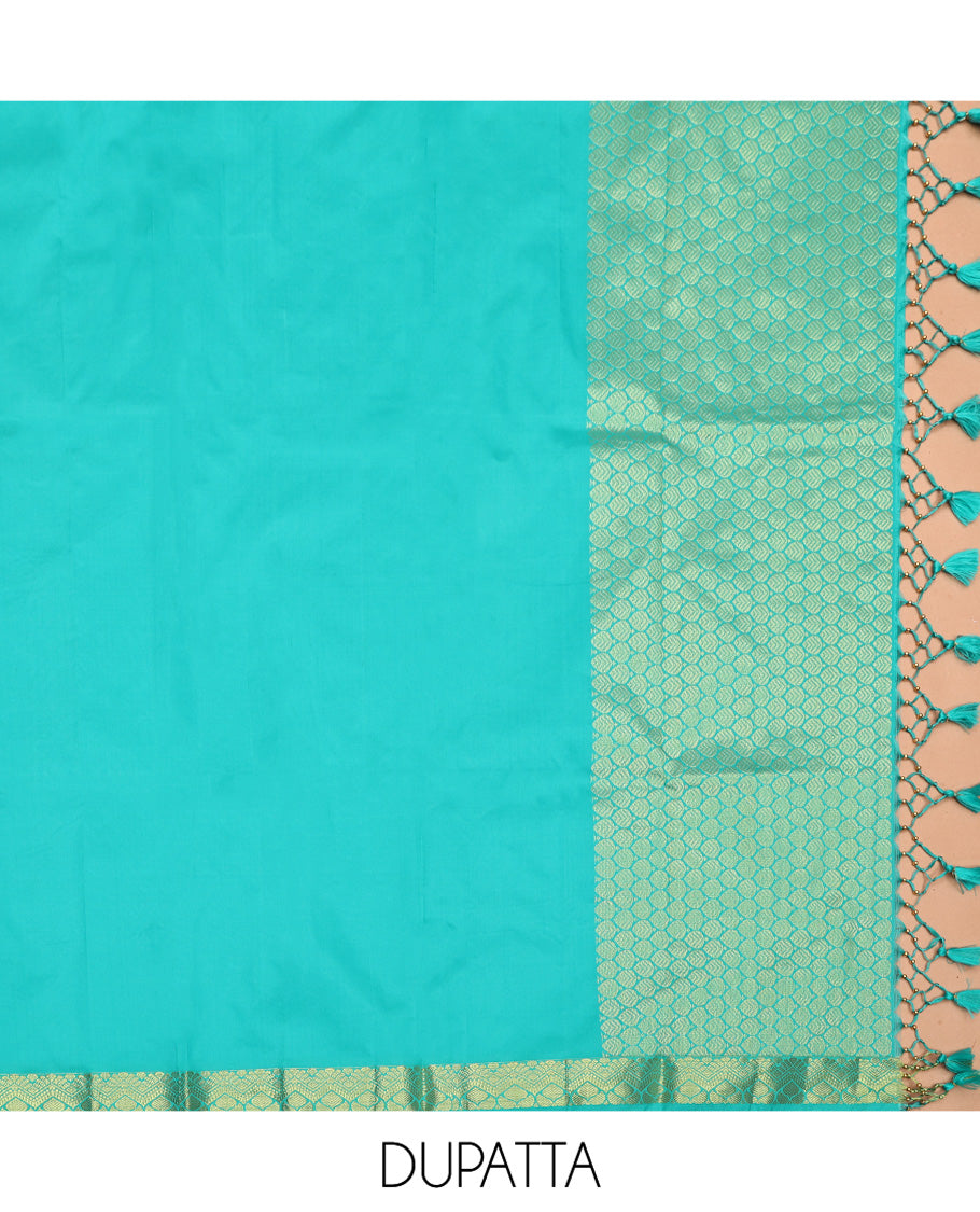 Pink Art Silk Half-Saree, Opulently Embellished with Jacquard Design, Contrast Intricate Motif Border, Paired with a Contrast Jacquard Blouse, and an Intricate Dhavani