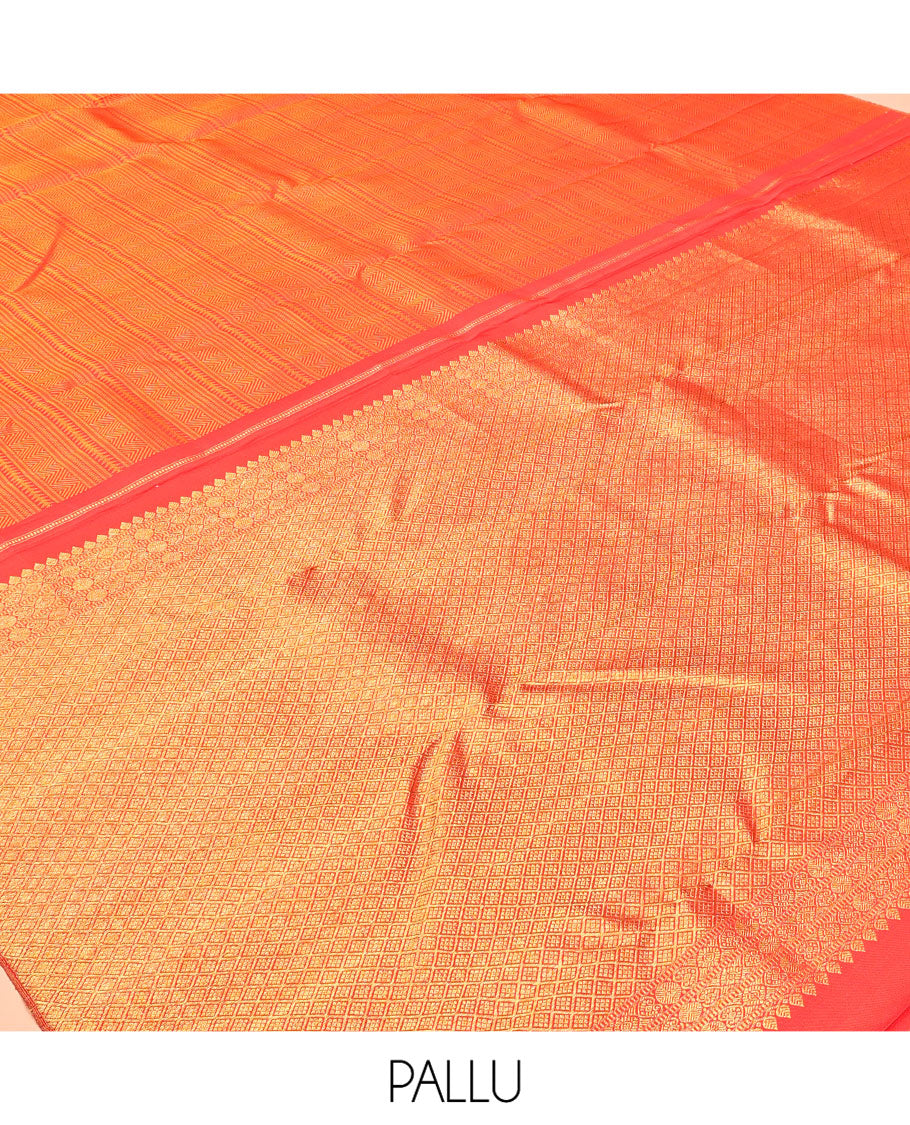 Borderless Orange Geometric Embossed Kanchipuram Silk Saree, a Jaal Pallu, Matching Blouse