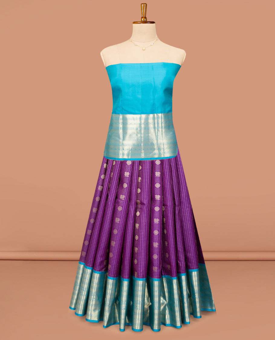Purple Pure Silk Half-Saree, Masterfully Woven with Mayil-Chakram Buttas and Micro-Checks on Its Skirt, Complemented by a Contrast Border of Rekku, Chakram, and Yaanai Designs, Comes with a Contrast Blouse and a Dhavani of Intricate Designs