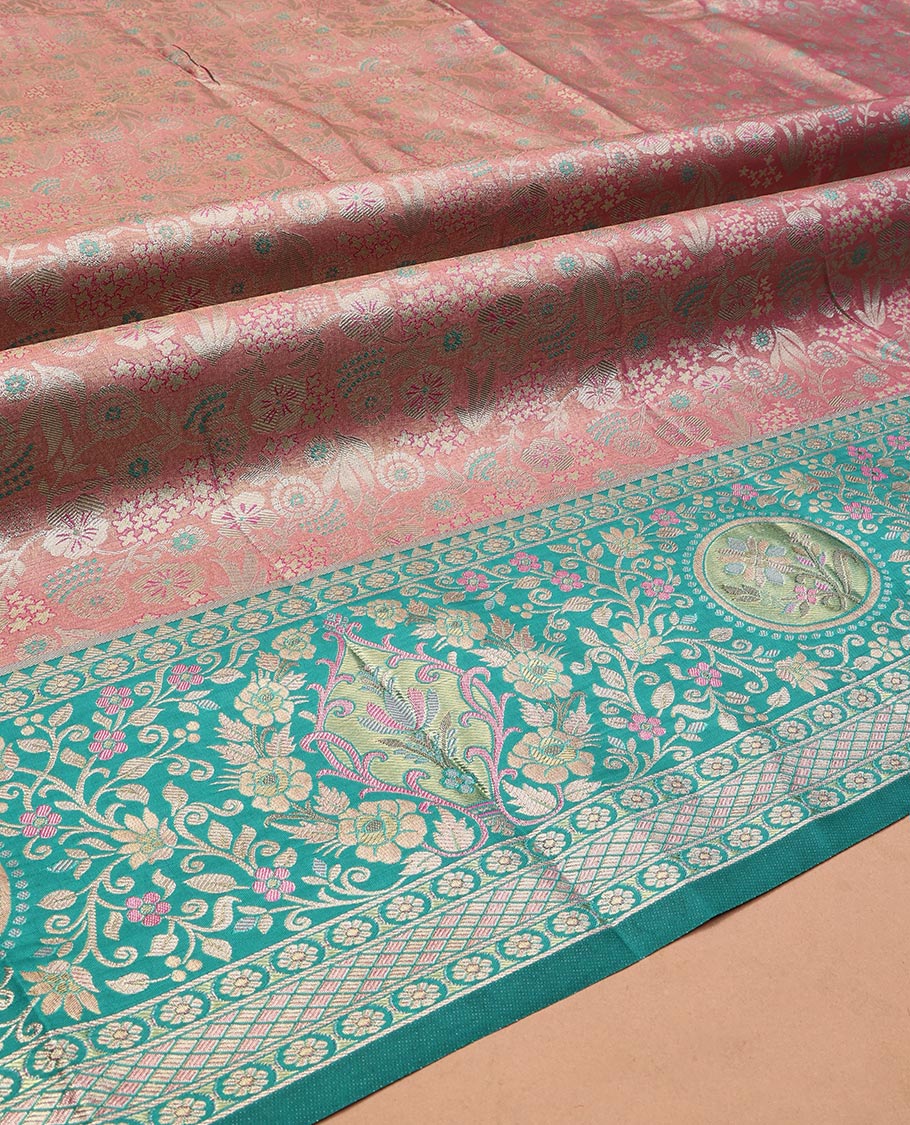 Pink Art Silk Half-Saree, Opulently Embellished with Jacquard Design, Contrast Intricate Motif Border, Paired with a Contrast Jacquard Blouse, and an Intricate Dhavani