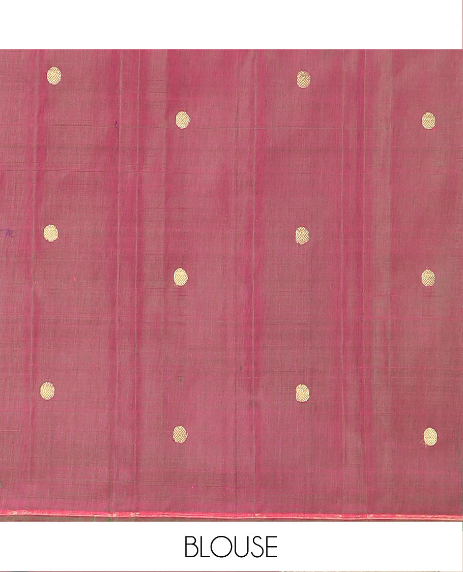 Rani Pink Gadwal Saree Zari Embellished with Peacock Chakram Buttas, Subtle Piping Border, Pallu of Bird Buttas, and a Contrast Blouse of Zari Buttas