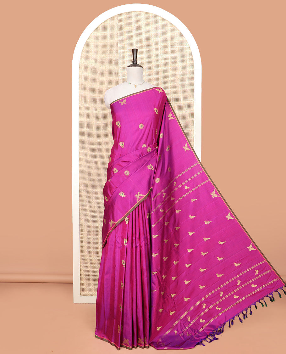 Rani Pink Gadwal Saree Zari Embellished with Peacock Chakram Buttas, Subtle Piping Border, Pallu of Bird Buttas, and a Contrast Blouse of Zari Buttas