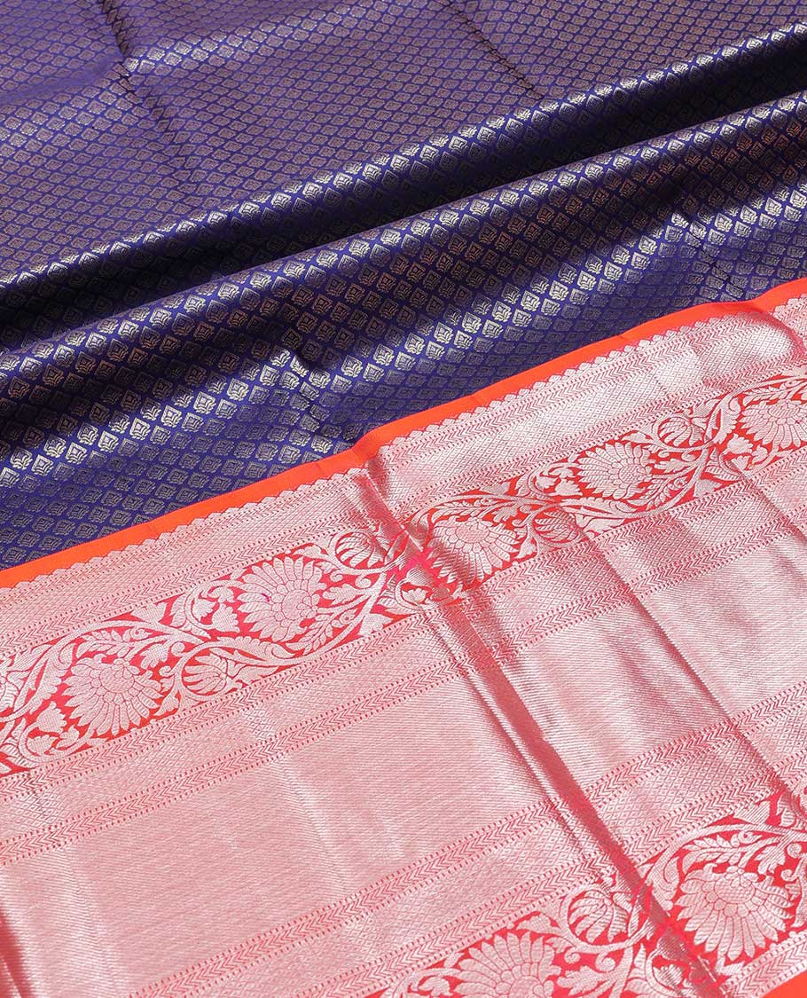 Dark blue leaf design silk half saree with contrast border of rekku, muthu, kathir, kodi visiry, banaras design, zari design blouse & floral design dhavani