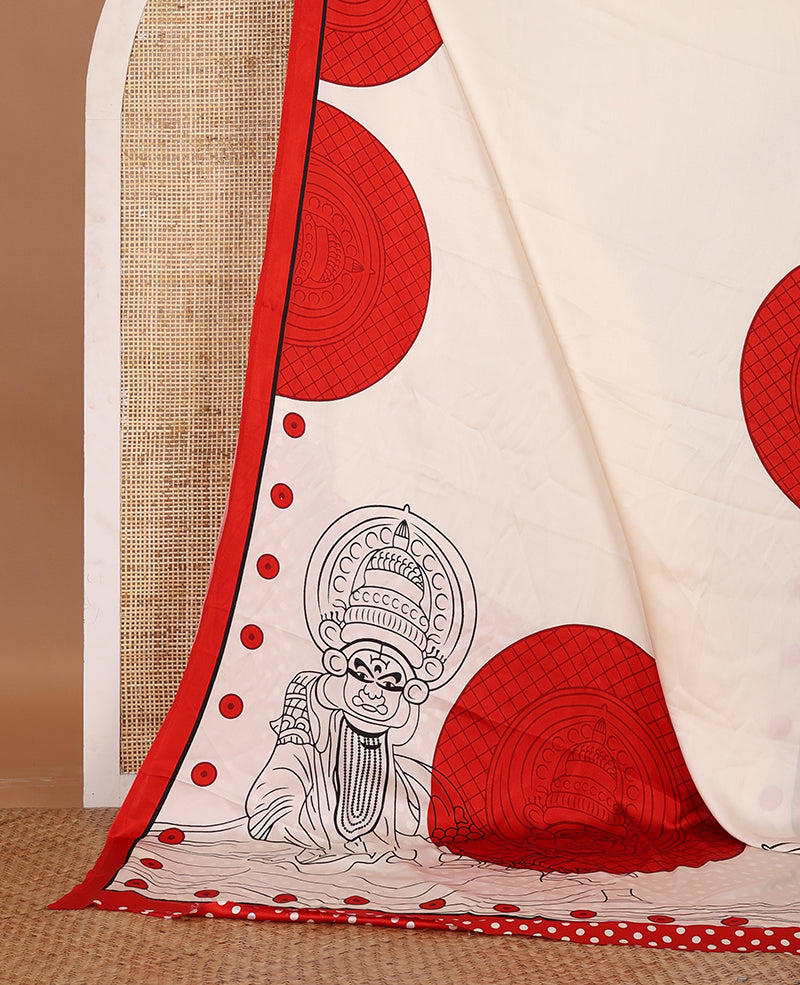 Cream printed semi-modal silk saree, contrast red border of kathakali motif enclosed semi-circle, kathakali printed pallu & printed blouse