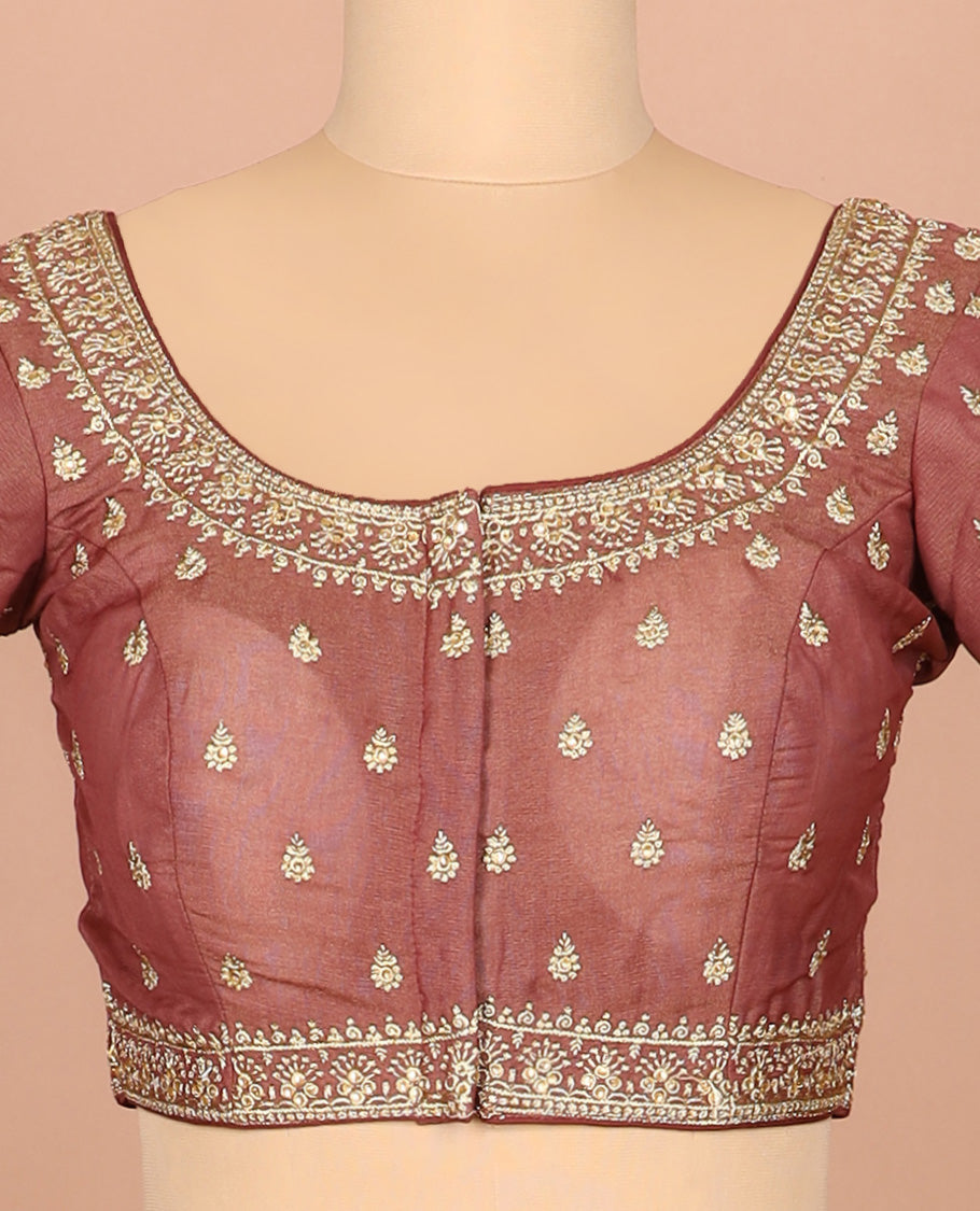 Terracotta red thread embroidered front-and-back round elbow-sleeve readymade blouse