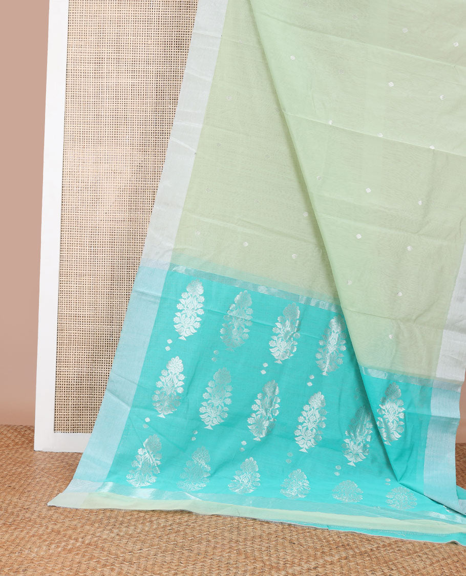 Mint green motifs chanderi cotton saree with self zari border & floral design pallu