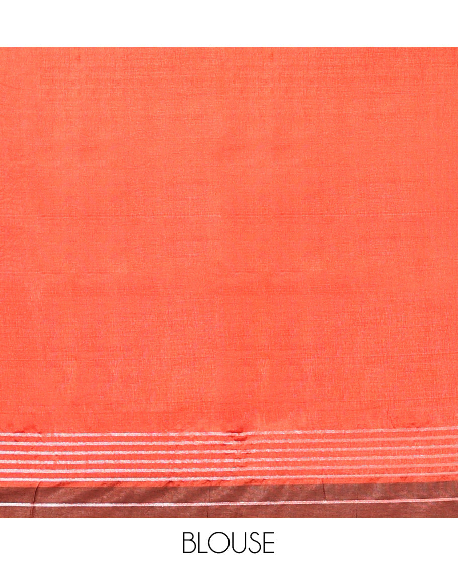Orange Plain Banana Pith Saree, Contrast Subtly Striped Border, Pallu Steeped with Stripes, and Paired with a Matching Blouse