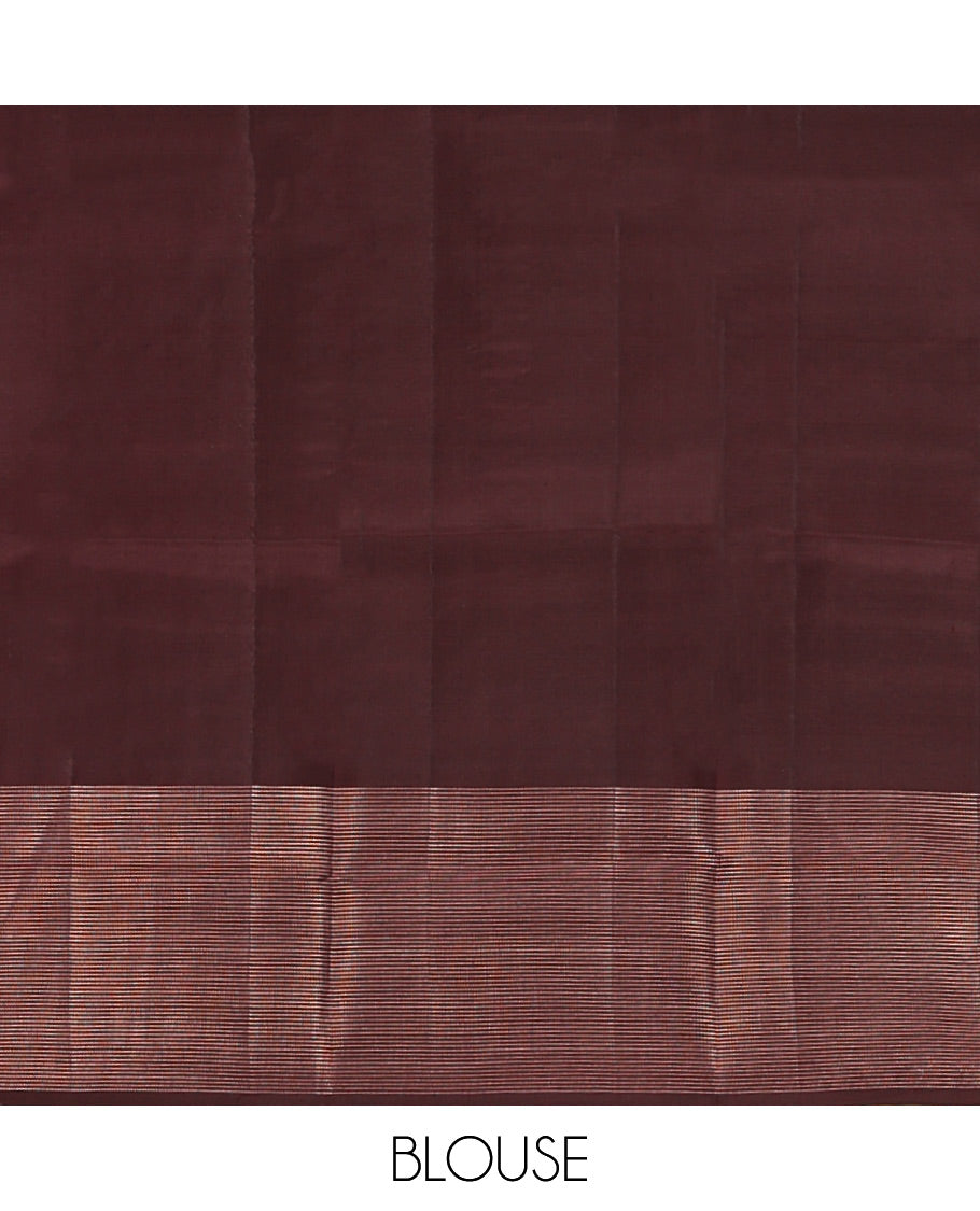 Coffee Brown Vasundhara Silk Saree, Finely Crafted with Raindrop Buttas, and Annam Chakram Bu\ttas on Its Body, Highlighted by a Zari Geometric-Textured Border, Gleaming Copper-Colored Zari Pallu of Jaal Designs, and Paired with a Matching Blouse
