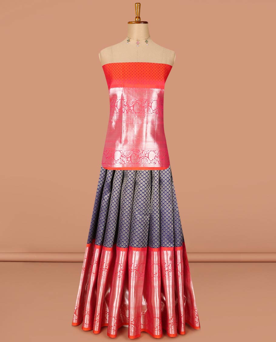 Dark blue leaf design silk half saree with contrast border of rekku, muthu, kathir, kodi visiry, banaras design, zari design blouse & floral design dhavani