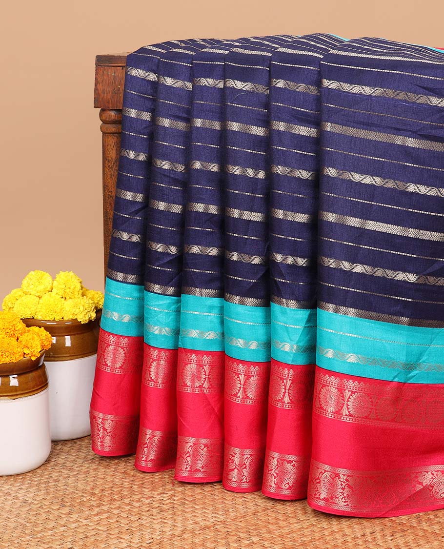 Green weaving lining with stripes dola silk saree , contrast border double pad, bentex border