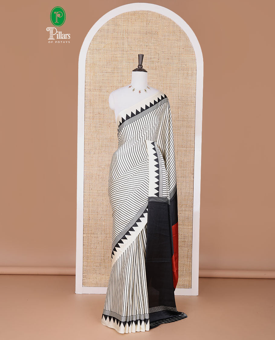 White with black vertical lining printed design semi modal crepe saree with temple border & circle butta pallu along with printed blouse