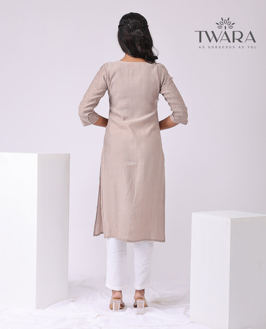 Twara Grey floral embroidery square neck, knee length , elbow sleeve kurti