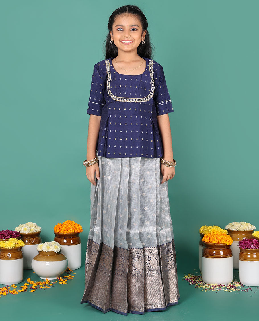 Blue readymade art silk pavadai, zari buttas & contrast traditional zari big border skirt & zari buttas elbow sleeve round-neck blouse