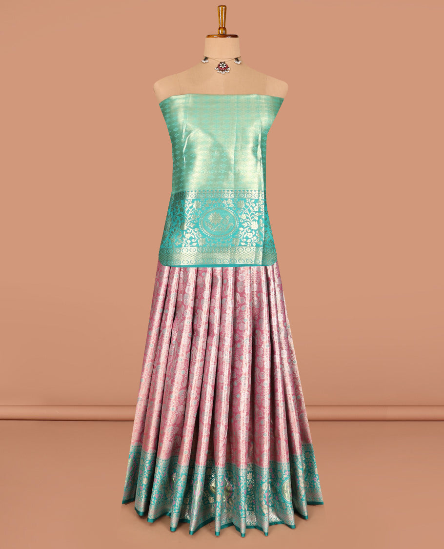 Pink Art Silk Half-Saree, Opulently Embellished with Jacquard Design, Contrast Intricate Motif Border, Paired with a Contrast Jacquard Blouse, and an Intricate Dhavani