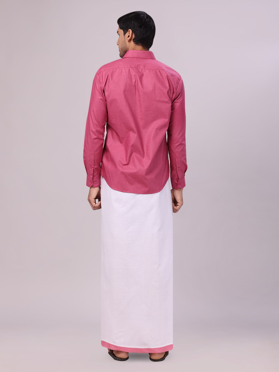 Men's Pink Shirt with Matching Border Flexi Dhoti Combo Casper Flexi back pose