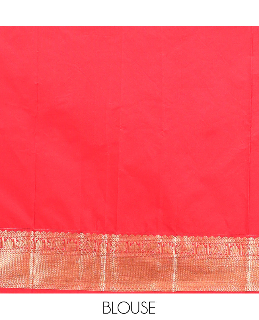 Green and Red Budget Silk Saree, Delicately Woven with Zari Buttas and Checks on Its Body, Complemented by a Contrast Traditional Zari Border of Peacock Designs, Grand Pallu, and Paired with a Contrast Blouse