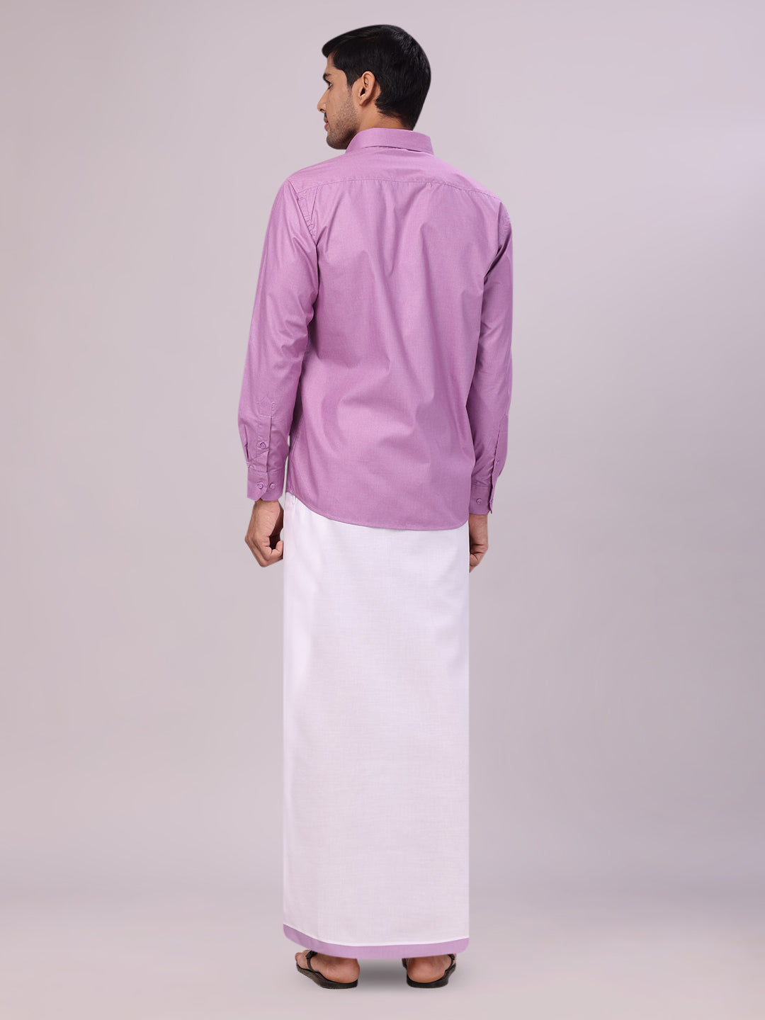 Men's Light Purple Color Shirt with Matching Border Dhoti Combo Casper back pose
