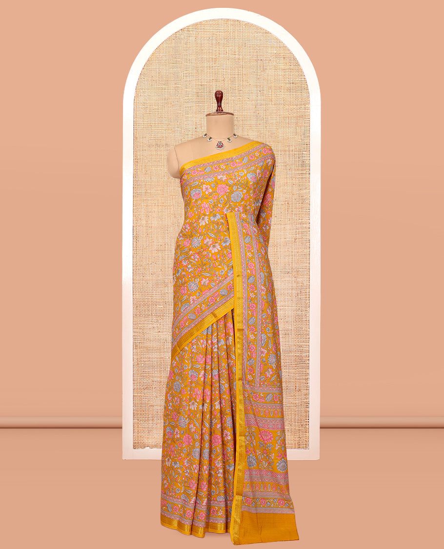 Yellow Printed Silk Saree, Decked Up with Floral Vine Print, a Traditional Zari Border, Floral Pallu, and a Matching Blouse