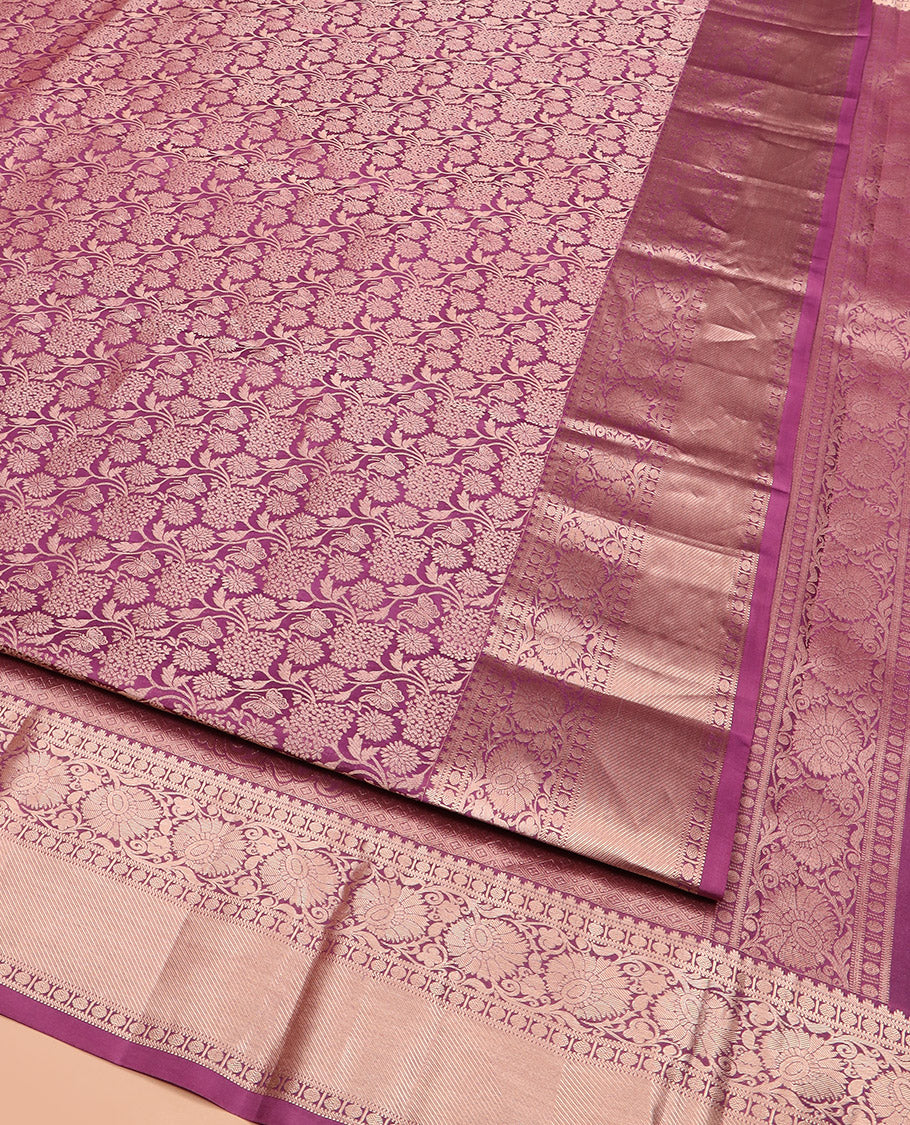 Purple Kanchipuram Wedding Silk Saree Meticulously Crafted with Jacquard Designs, Highlighted with Zari Border of Kodi Visiry Designs, Artfully Detailed Pallu of Mughal-Style Floral Designs, and Paired with a Matching Blouse